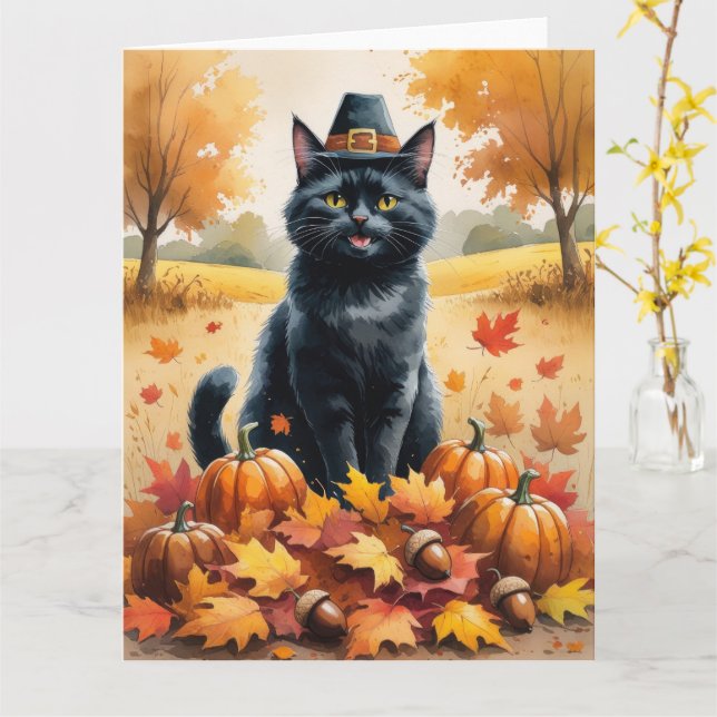 Black Cat In Höst löv Thanksgiving Art Kort (Gul blomma)
