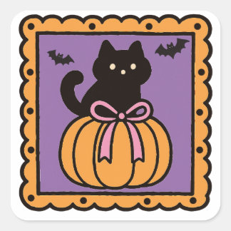 Black Cat in Pumpkin - Cute Halloween Design Desig Fyrkantigt Klistermärke