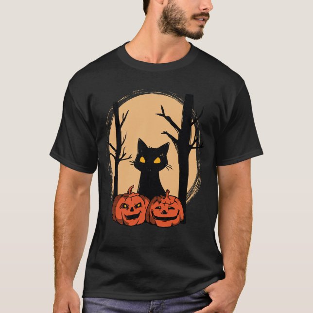"Black Cat in Pumpkin Halloween T-Shirt - Cute Spo (Framsida)