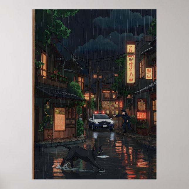Black Cat in Rainy Neon Japanese Street Anime Art Poster (Framsidan)