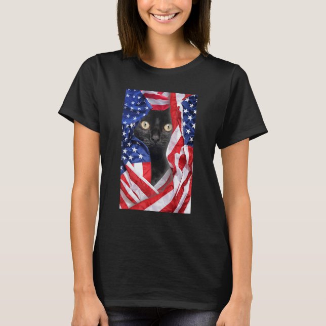 Black Cat in USA Flag 4th of July Men Women T Shirt (Framsida)