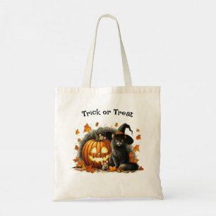 Black Cat in Witch's Hat Halloween Bus eller godis Tygkasse