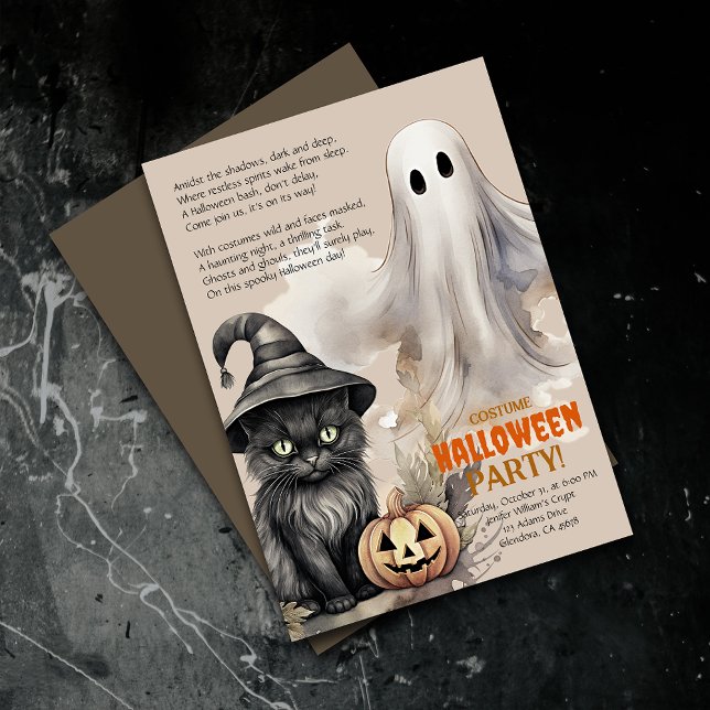 Black Cat | Inbjudan till Spooky Ghost Halloween-D (Elevate your upcoming event with uniquely designed Halloween invitations featuring a spooky poem!)