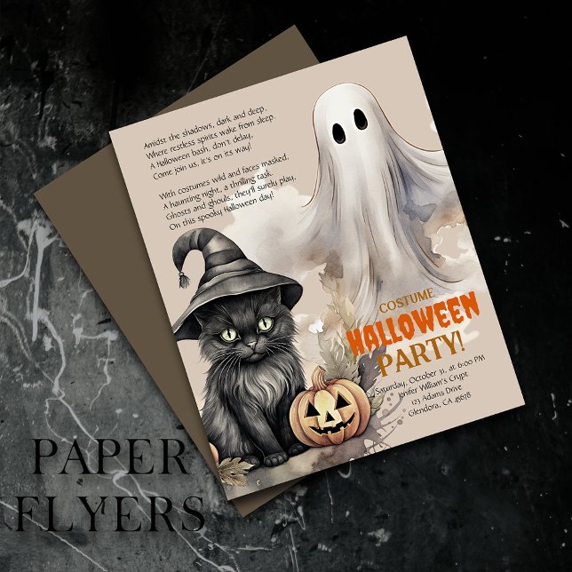 Black Cat | Inbjudan till Spooky Ghost Halloween-D Flygblad (Elevate your upcoming event with uniquely designed Halloween invitations featuring a spooky poem!)