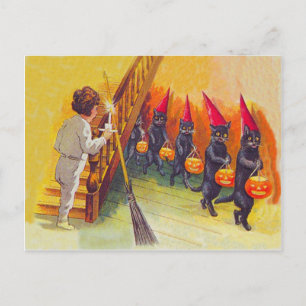 Black Cat Jack O Lanter Pumpkin Broom Vykort