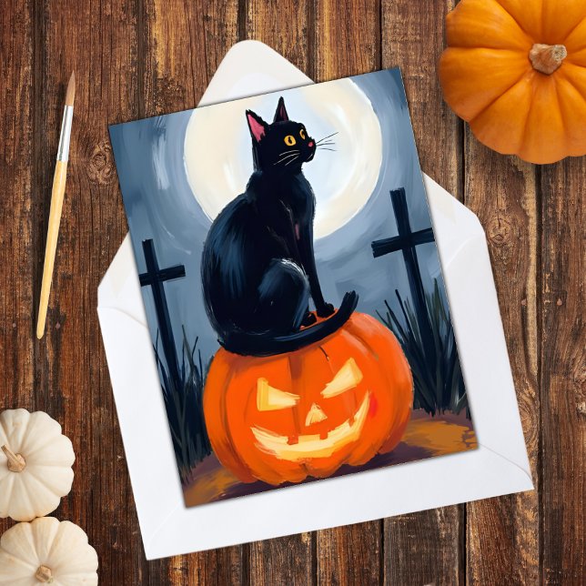 Black Cat Jack-O-Lantern Halloween-målat Julkort (Skapare uppladdad)