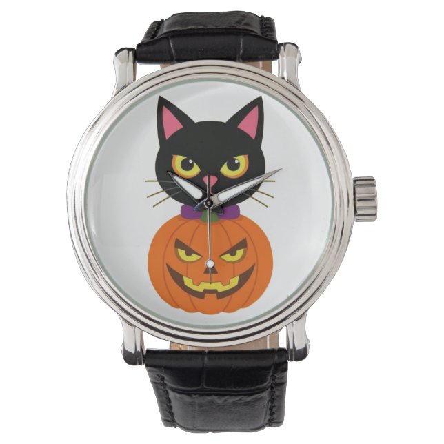 Black Cat & Jack-O'-Lantern Halloween Spooky Armbandsur (Framsida)