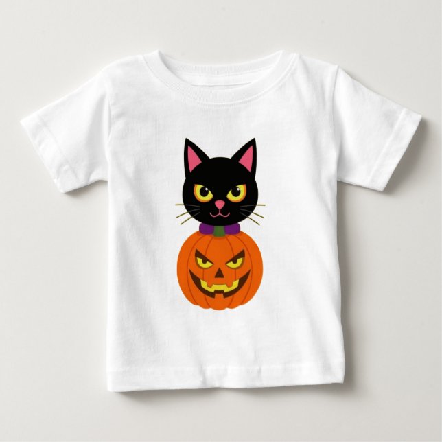 Black Cat & Jack-O'-Lantern Halloween Spooky T Shirt (Framsida)