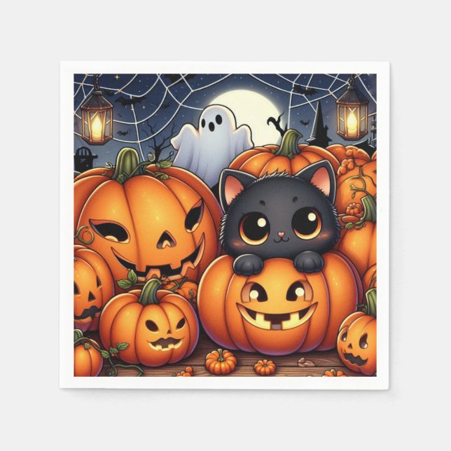 Black Cat, Jack-O-Lantern och Pumpkins Halloween Pappersservett (Framsidan)