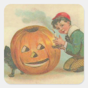 Black Cat Jack o lantern Pumpkin Boy Fyrkantigt Klistermärke