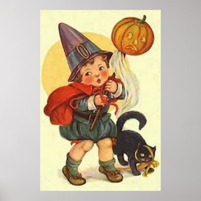 Black Cat Jack o lantern Pumpkin Witch Måne Poster (Framsidan)