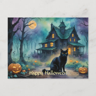 Black Cat, Jack o lantern, Spooky House Halloween Helg Vykort