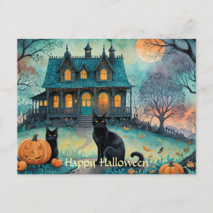 Black Cat, Jack o lantern, Spooky House Halloween Helg Vykort