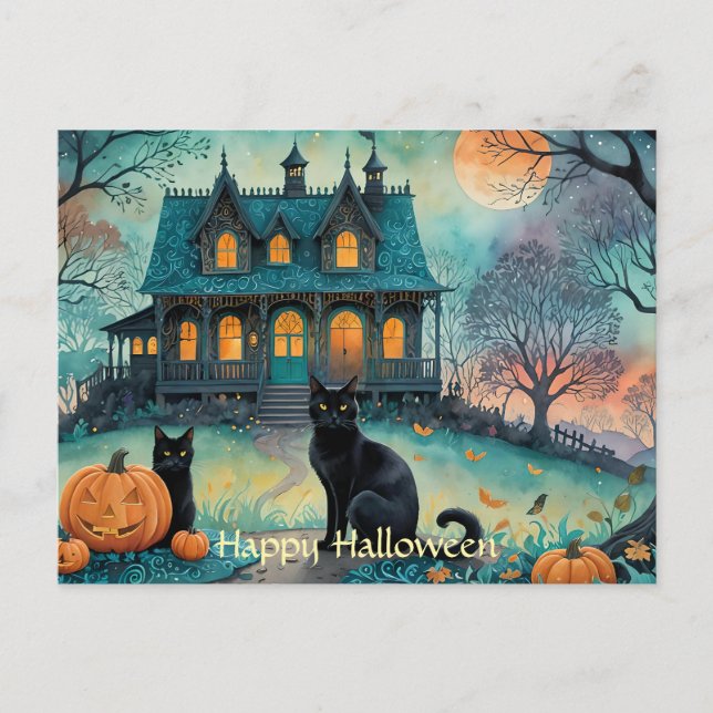 Black Cat, Jack o lantern, Spooky House Halloween Helg Vykort (Framsida)