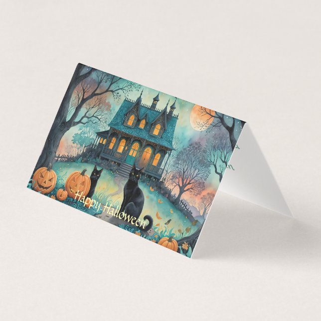 Black Cat, Jack o lantern, Spooky House Halloween Kort (Framsida)