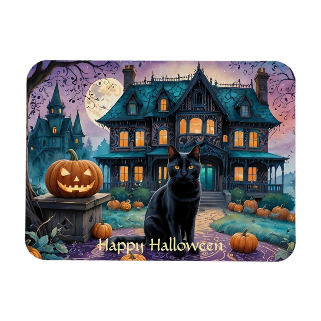 Black Cat, Jack o lantern, Spooky House Halloween Magnet (Horisontell)