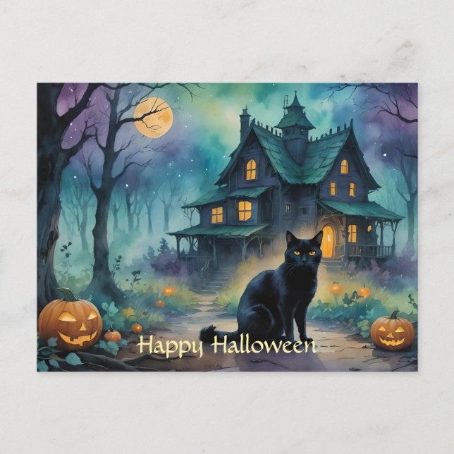 Black Cat, Jack o lantern, Spooky House Halloween Vykort (Framsida)