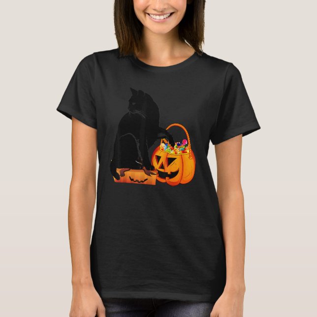 Black Cat Jack O'Lantern Pumpkin Sweet Candy T Shirt (Framsida)