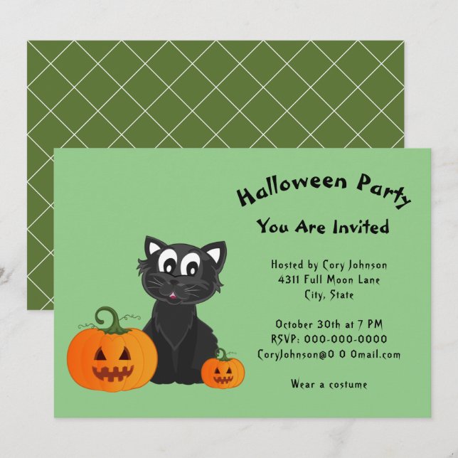Black Cat Jack o'Lanternor Pumpkin Halloween fest Inbjudningar (Fram/baksida)