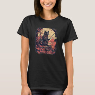Black Cat Japansk samurai ninja-krigare, blommor T Shirt