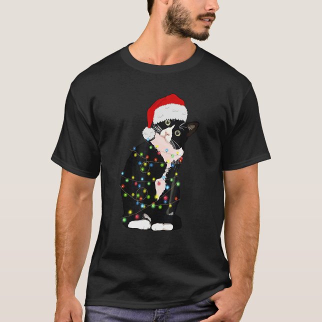 Black Cat jul Light Santa Hat Cat Julafton T Shirt (Framsida)