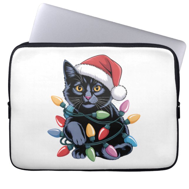 Black Cat jul Ljus Funny Cat Lover Laptop Fodral (Framsidan)