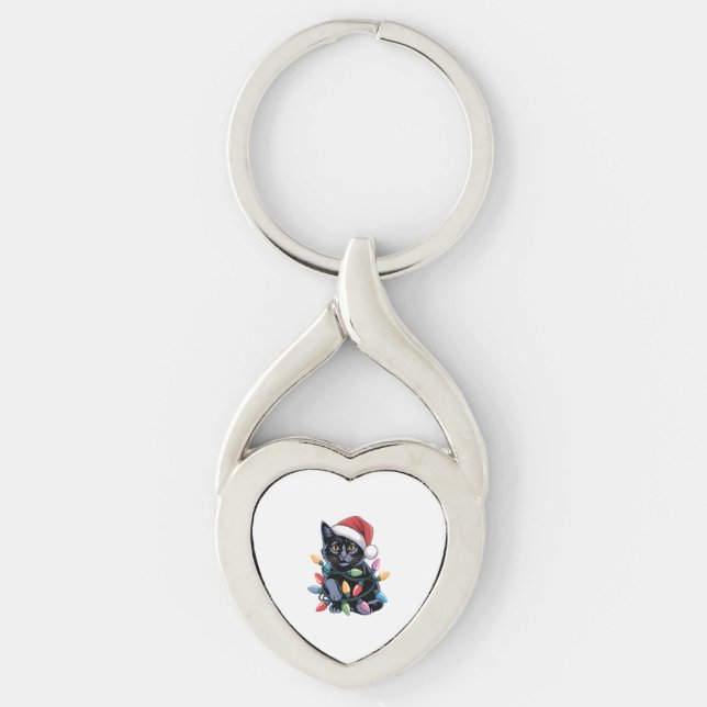 Black Cat jul Ljus Funny Cat Lover Twisted Heart Silverfärgad Nyckelring (Framsidan)