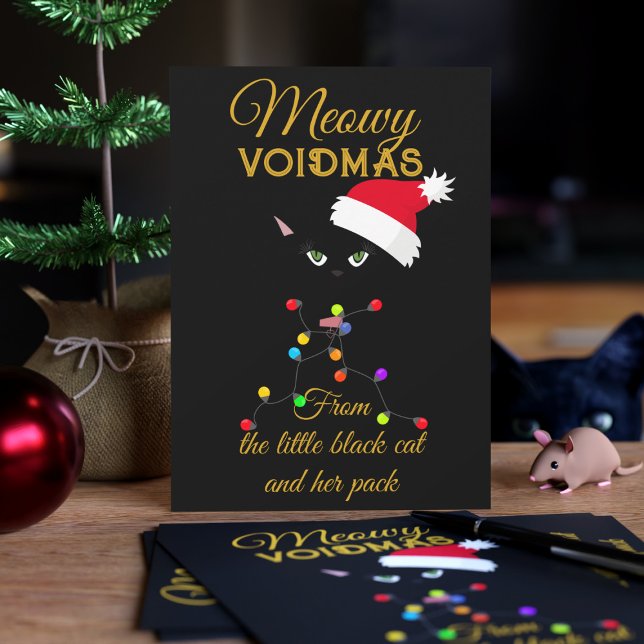 Black Cat jul Ljus Meowy Voidmas Julkort (Merry Voidmas from my black cat to yours. Have a very merry one!)
