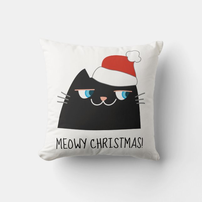 Black Cat jul Pillow | Cute Santa Kattunge Kudde (Framsida)