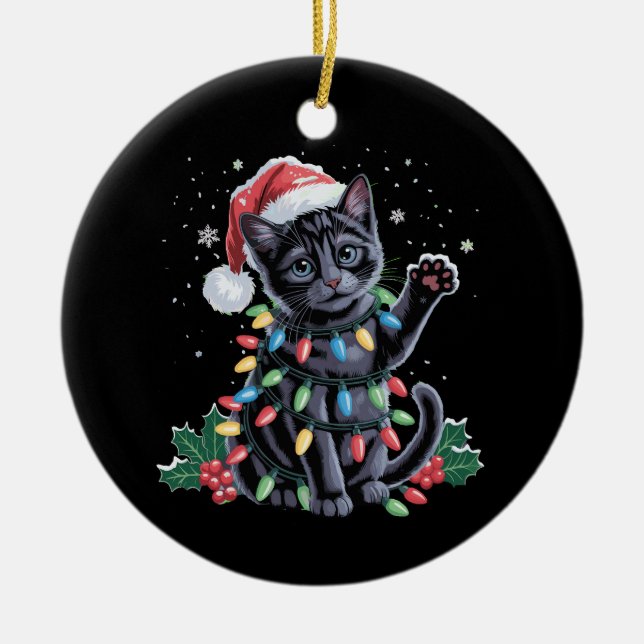 Black Cat jul Santa Hat Meowy Julafton Helgdag Julgransprydnad Keramik (Framsidan)