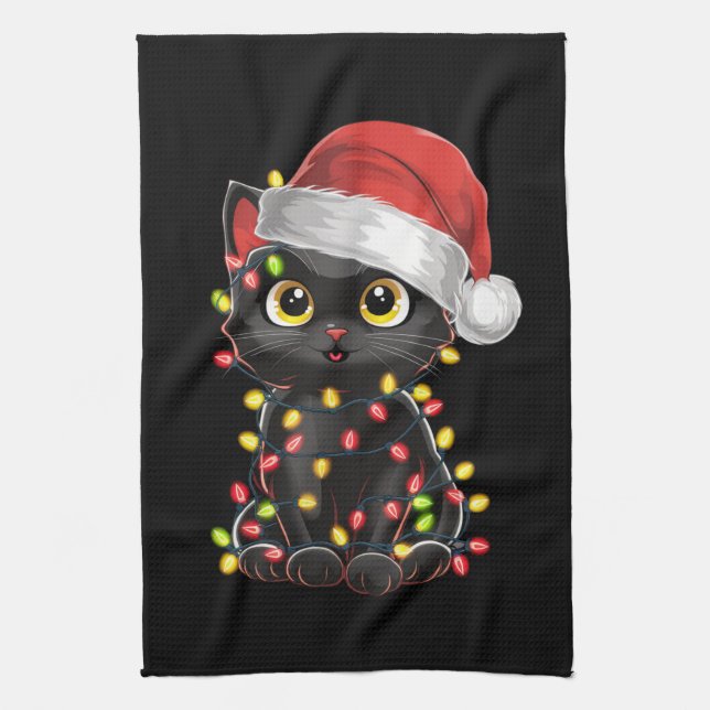 Black Cat Julgran Ljus Funny Santa Kitten Kökshandduk (Vertikal)