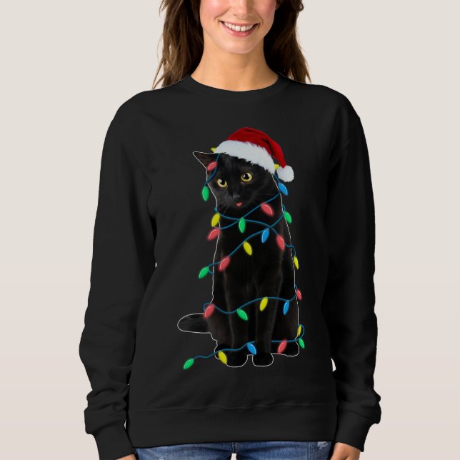 Black Cat Julgran Ljus Funny Santa Kitten T Shirt (Framsida)