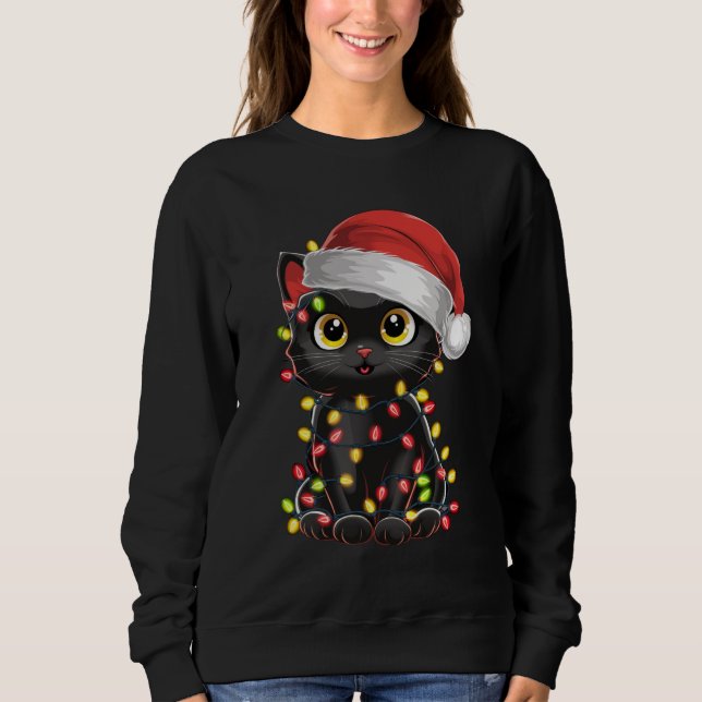 Black Cat Julgran Ljus Funny Santa Kitten T Shirt (Framsida)