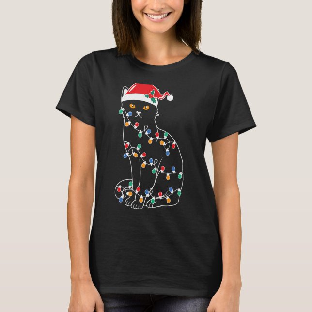 Black Cat Julgran Ljus Santa Kitten Led T Shirt (Framsida)