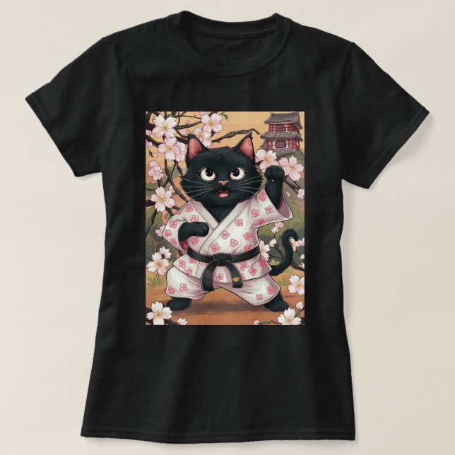 Black Cat Karate Cute Kimono T Shirt (Design framsida)