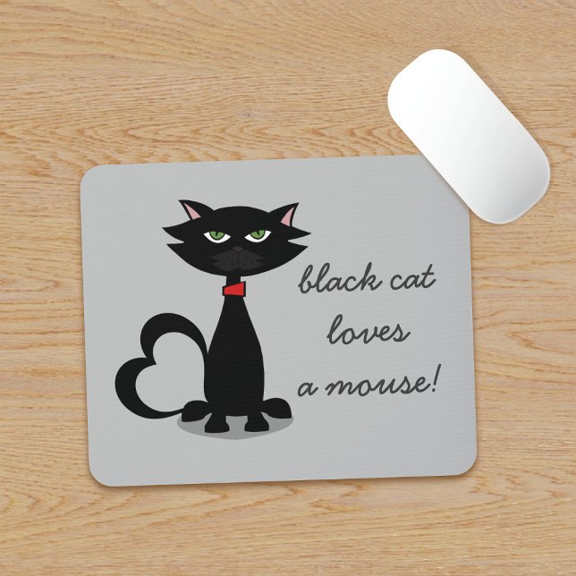 Black Cat Kärlek A Grått Mouse Pad Musmatta (My black cat loves a mouse mat. Does yours? Add your name!)