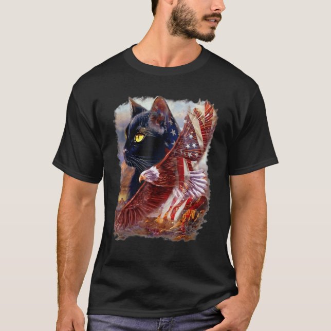 Black Cat Kitten American Flagga Eagle 4:e juli In T Shirt (Framsida)