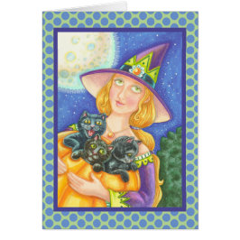 BLACK CAT KITTENS & WITCH GREETING CARD Verse Hälsningskort
