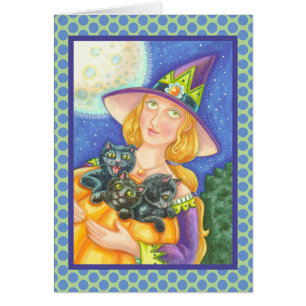 BLACK CAT KITTENS & WITCH GREETING CARD Verse Hälsningskort