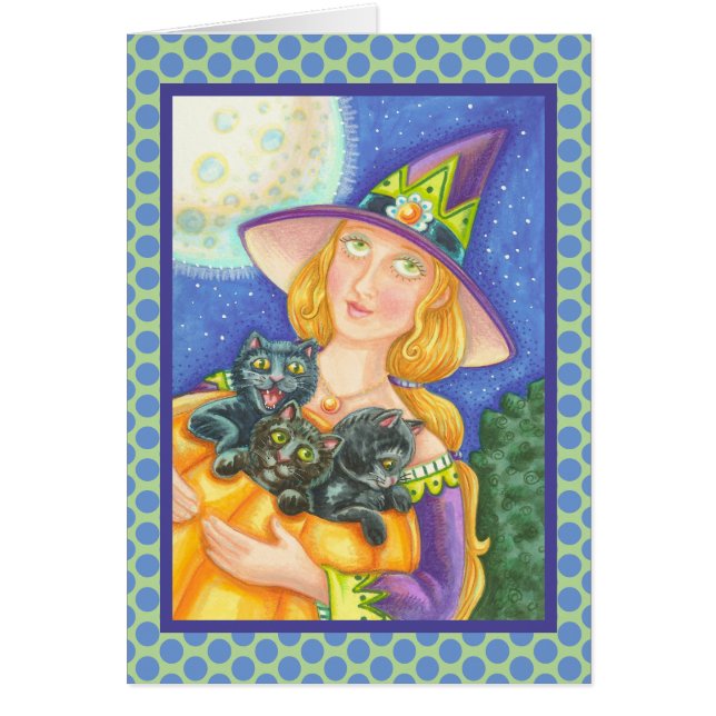 BLACK CAT KITTENS & WITCH GREETING CARD Verse Hälsningskort (Framsidan)