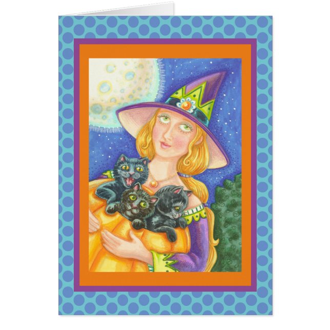 BLACK CAT KITTENS & WITCH GREETING CARD Verse OBS Kort (Framsidan)