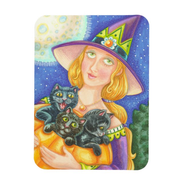 BLACK CAT KITTENS & WITCH, HALLOWEEN MAGNET (Vertikal)