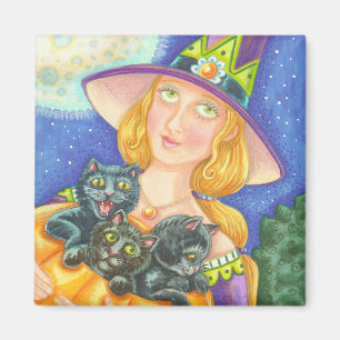 BLACK CAT KITTENS & WITCH HALLOWEEN MAGNET Square