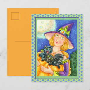 BLACK CAT KITTENS & WITCH HAPPY HALLOWEEN HELG VYKORT
