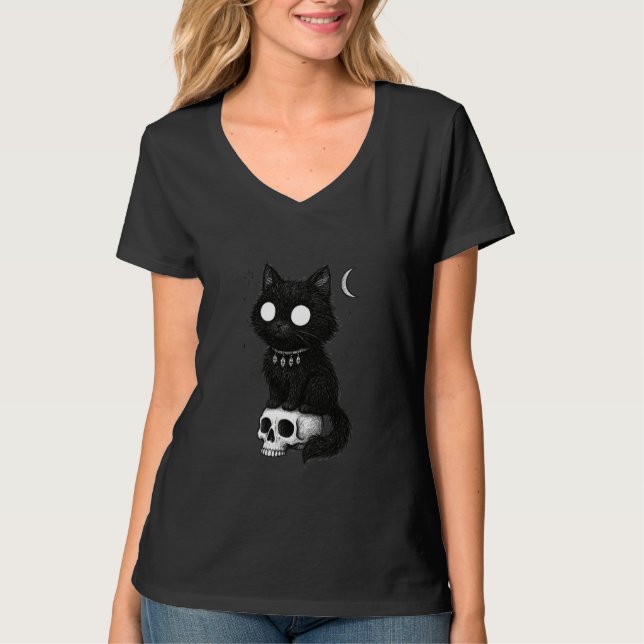 Black Cat Kitty Skull Creepy Cute Kawaii Goth Witc T Shirt (Framsida)