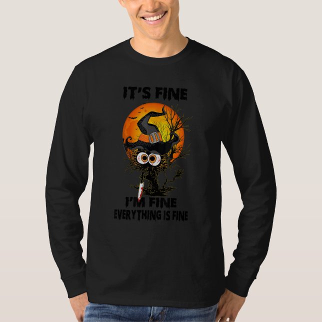Black Cat Knife It's Fine I'm Fine Everything's Fi T Shirt (Framsida)
