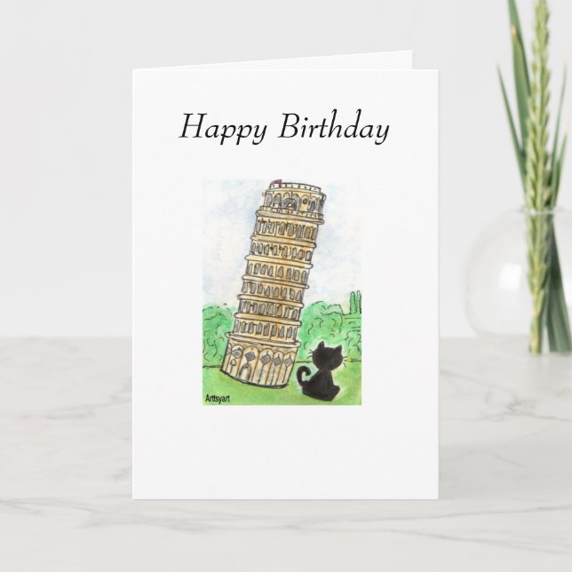 BLACK CAT LEANING TORN AV PISA BIRTHDAY CARD KORT (Framsida)