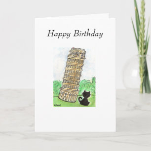 BLACK CAT LEANING TORN AV PISA BIRTHDAY CARD KORT