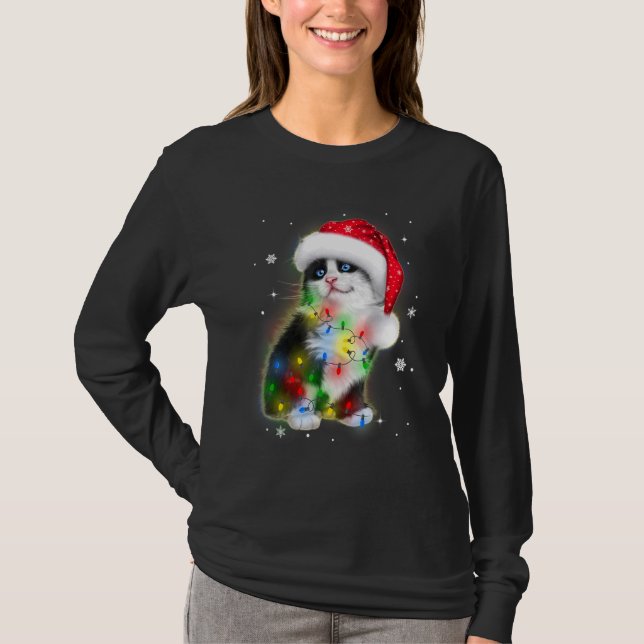 Black Cat Led Jul Cute God jul T Shirt (Framsida)