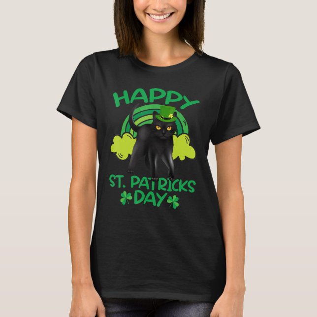 Black Cat Leprechaun Shamrock St patrick's day Cat T Shirt (Framsida)